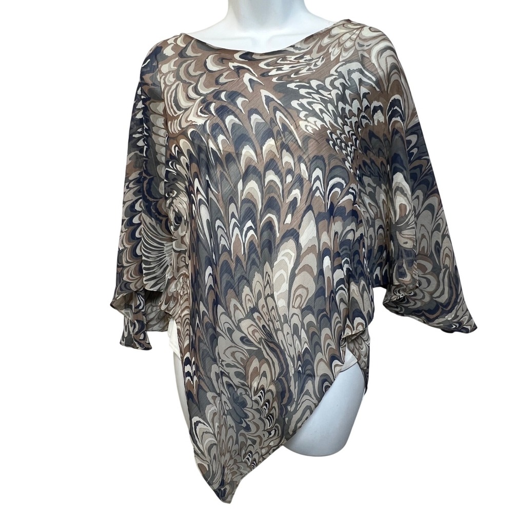 Kaelyn-Max Womens Large Brown Blue‎ Marble Print Handkerchief Hem Chiffon Top